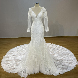 Romantic Vneck Fit and Flare Lace Wedding Dress with Long Sleeves - Rosymae