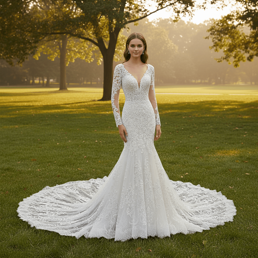 Romantic Vneck Fit and Flare Lace Wedding Dress with Long Sleeves - Rosymae