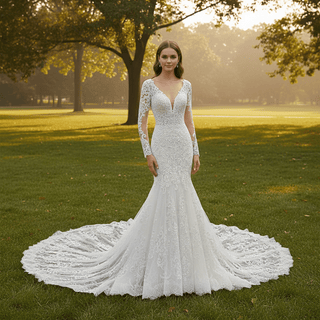 Romantic Vneck Fit and Flare Lace Wedding Dress with Long Sleeves - Rosymae