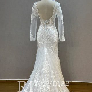 Romantic Vneck Fit and Flare Lace Wedding Dress with Long Sleeves - Rosymae
