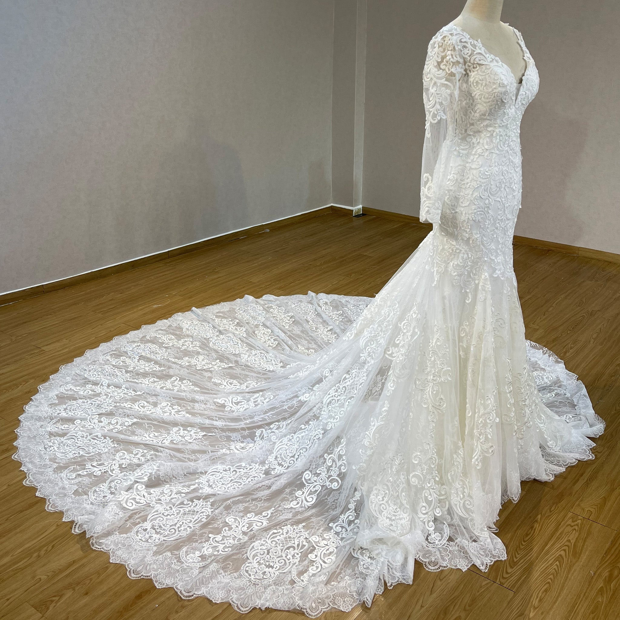 Romantic Vneck Fit and Flare Lace Wedding Dress with Long Sleeves - Rosymae