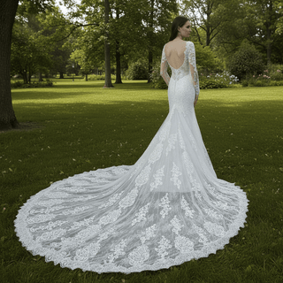 Romantic Vneck Fit and Flare Lace Wedding Dress with Long Sleeves - Rosymae