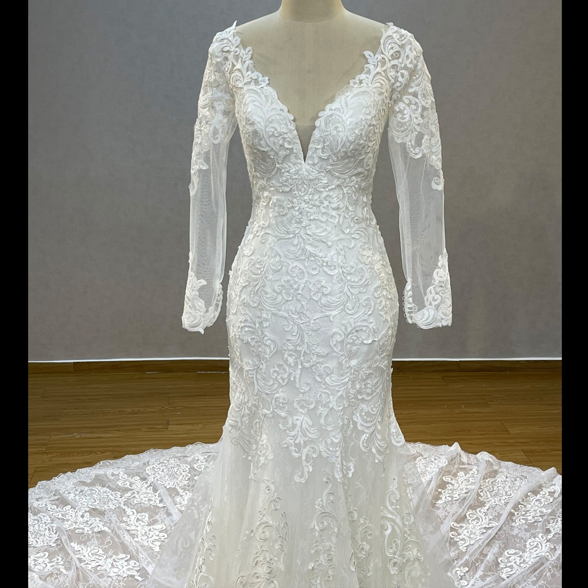 Romantic Vneck Fit and Flare Lace Wedding Dress with Long Sleeves - Rosymae