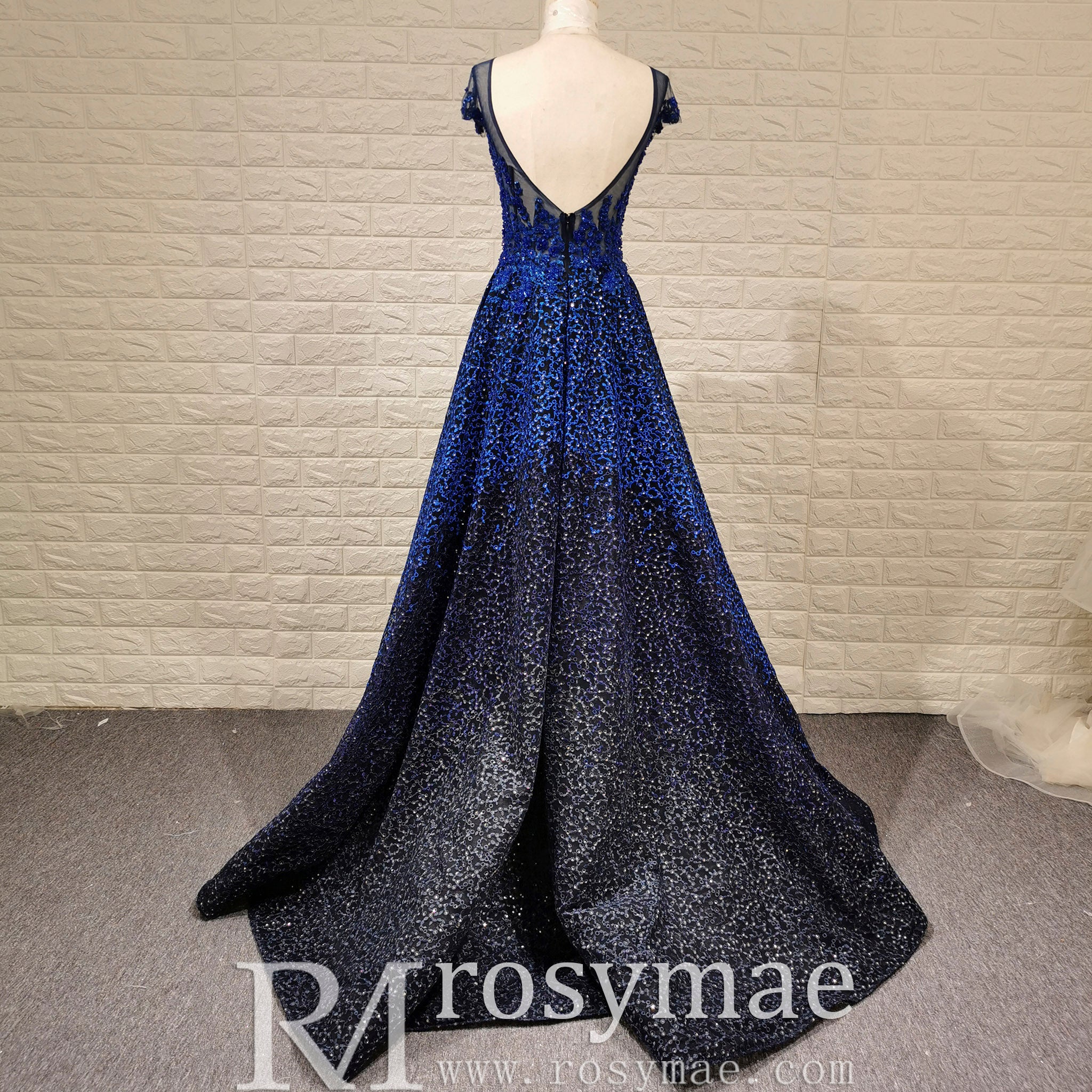 Deep V-neck Royal Blue and Black Lace Prom Dress with Cap Sleeve Rosymae Deep V-neck Royal Blue and Black Lace Prom Dress with Cap Sleeve Rosymae