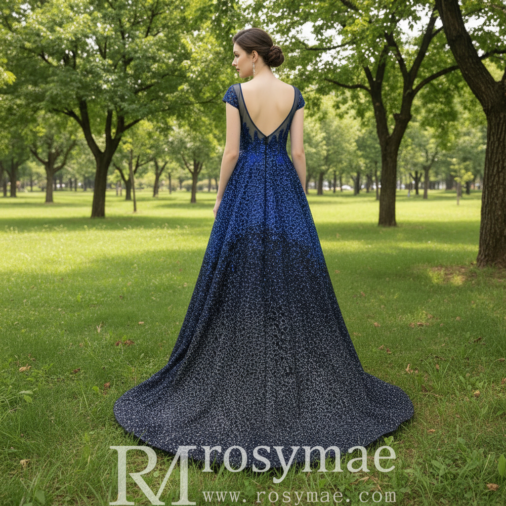 Deep V-neck Royal Blue and Black Lace Prom Dress with Cap Sleeve Rosymae Deep V-neck Royal Blue and Black Lace Prom Dress with Cap Sleeve Rosymae
