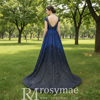 Deep V-neck Royal Blue and Black Lace Prom Dress with Cap Sleeve