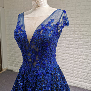 Deep V-neck Royal Blue and Black Lace Prom Dress with Cap Sleeve