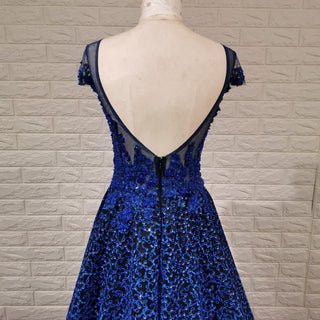Deep V-neck Royal Blue and Black Lace Prom Dress with Cap Sleeve
