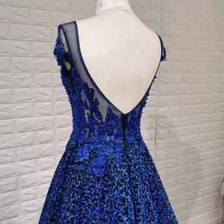 Deep V-neck Royal Blue and Black Lace Prom Dress with Cap Sleeve