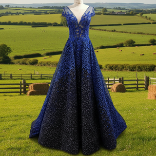 Deep V-neck Royal Blue and Black Lace Prom Dress with Cap Sleeve