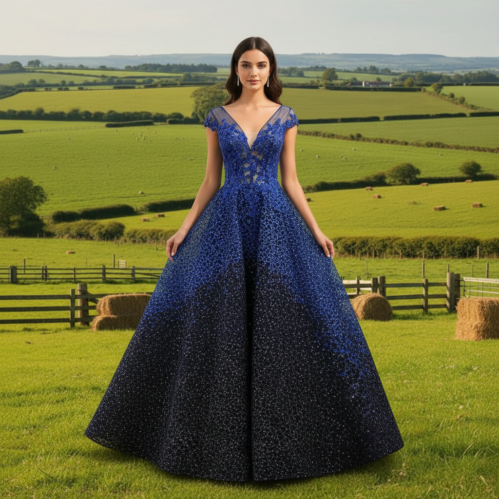 Deep V-neck Royal Blue and Black Lace Prom Dress with Cap Sleeve Rosymae Deep V-neck Royal Blue and Black Lace Prom Dress with Cap Sleeve Rosymae