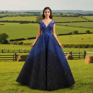Deep V-neck Royal Blue and Black Lace Prom Dress with Cap Sleeve Rosymae Deep V-neck Royal Blue and Black Lace Prom Dress with Cap Sleeve Rosymae