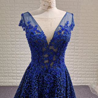 Deep V-neck Royal Blue and Black Lace Prom Dress with Cap Sleeve