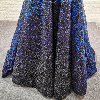 Deep V-neck Royal Blue and Black Lace Prom Dress with Cap Sleeve