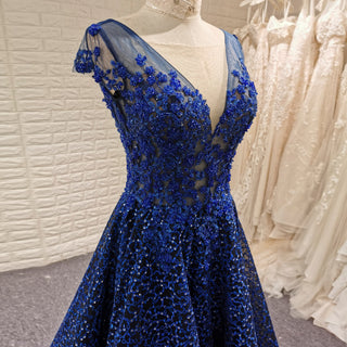 Deep V-neck Royal Blue and Black Lace Prom Dress with Cap Sleeve