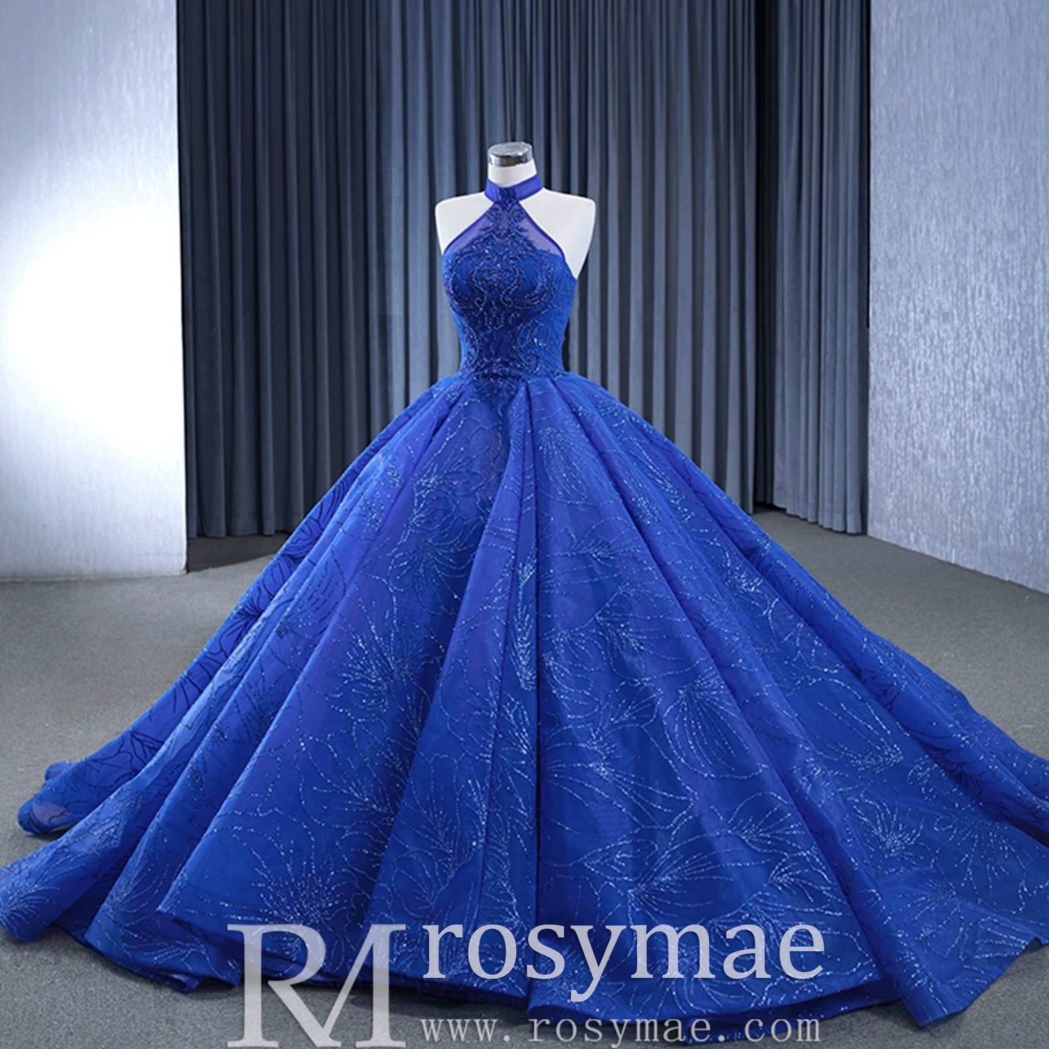 Royal Blue Beaded Lace Wedding Gown Halter Neck Quinceanera Dress – Rosymae