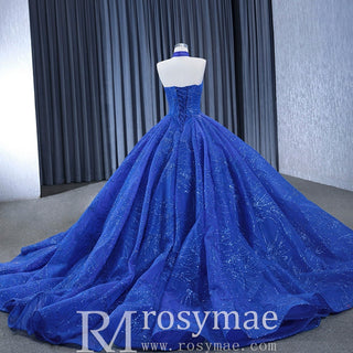 Royal Blue Beaded Lace Wedding Gown Halter Neck Quinceanera Dress - Rosymae