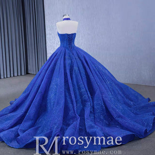 Royal Blue Beaded Lace Wedding Gown Halter Neck Quinceanera Dress - Rosymae
