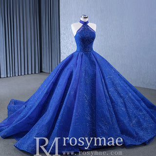 Royal Blue Beaded Lace Wedding Gown Halter Neck Quinceanera Dress - Rosymae