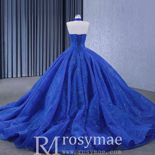 Royal Blue Beaded Lace Wedding Gown Halter Neck Quinceanera Dress - Rosymae