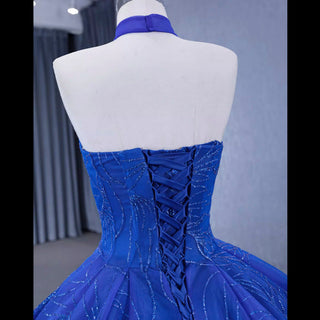 Royal Blue Beaded Lace Wedding Gown Halter Neck Quinceanera Dress - Rosymae