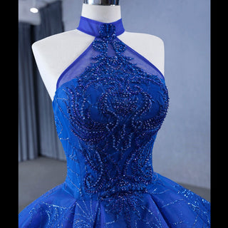 Royal Blue Beaded Lace Wedding Gown Halter Neck Quinceanera Dress - Rosymae