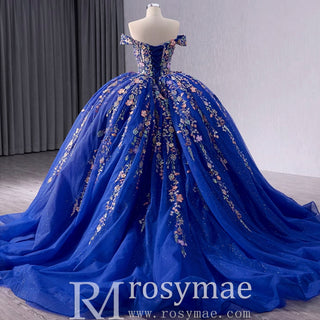Royal Blue Color Lace Wedding Gown Off the Shoulder Quinceanera Dress - Rosymae