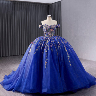 Royal Blue Color Lace Wedding Gown Off the Shoulder Quinceanera Dress - Rosymae