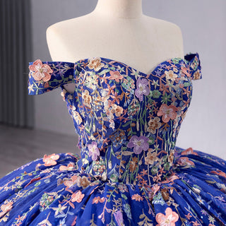 Royal Blue Color Lace Wedding Gown Off the Shoulder Quinceanera Dress - Rosymae