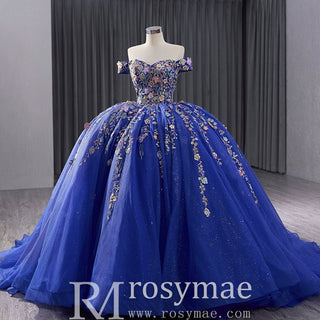 Royal Blue Color Lace Wedding Gown Off the Shoulder Quinceanera Dress - Rosymae