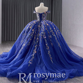 Royal Blue Color Lace Wedding Gown Off the Shoulder Quinceanera Dress - Rosymae