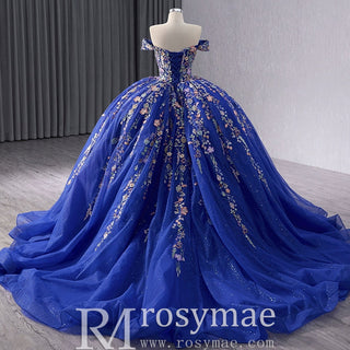Royal Blue Color Lace Wedding Gown Off the Shoulder Quinceanera Dress - Rosymae