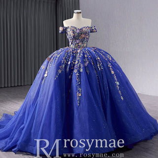 Royal Blue Color Lace Wedding Gown Off the Shoulder Quinceanera Dress - Rosymae