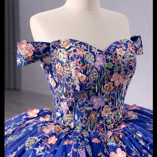 Royal Blue Color Lace Wedding Gown Off the Shoulder Quinceanera Dress - Rosymae