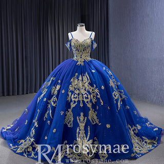 Royal Blue High-end Off the Shoulder Puffy Quinceanera Dress with Spaghetti Straps - Rosymae