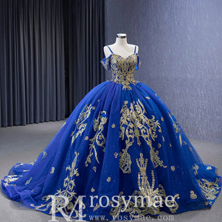 Royal Blue High-end Off the Shoulder Puffy Quinceanera Dress with Spaghetti Straps - Rosymae