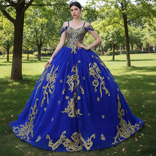 Royal Blue High-end Off the Shoulder Puffy Quinceanera Dress with Spaghetti Straps - Rosymae