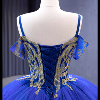 Royal Blue High-end Off the Shoulder Puffy Quinceanera Dress with Spaghetti Straps - Rosymae