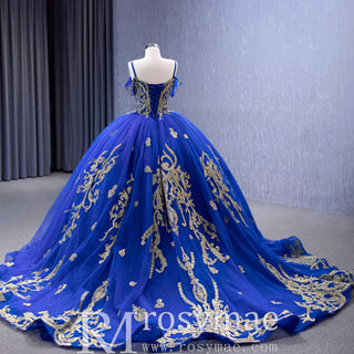 Royal Blue High-end Off the Shoulder Puffy Quinceanera Dress with Spaghetti Straps - Rosymae