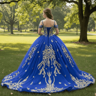 Royal Blue High-end Off the Shoulder Puffy Quinceanera Dress with Spaghetti Straps - Rosymae