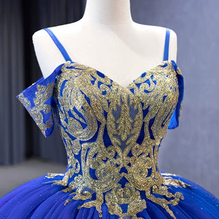 Royal Blue High-end Off the Shoulder Puffy Quinceanera Dress with Spaghetti Straps - Rosymae