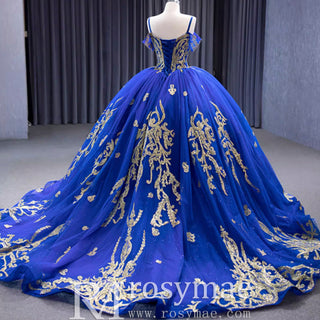 Royal Blue High-end Off the Shoulder Puffy Quinceanera Dress with Spaghetti Straps - Rosymae