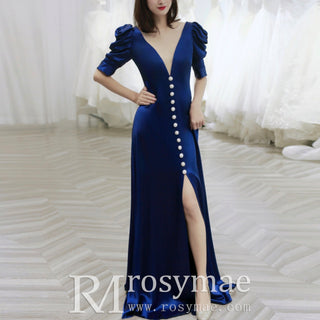 Sexy Deep Vneck and High Leg Slit Prom Dress Party Gown with Sleeve