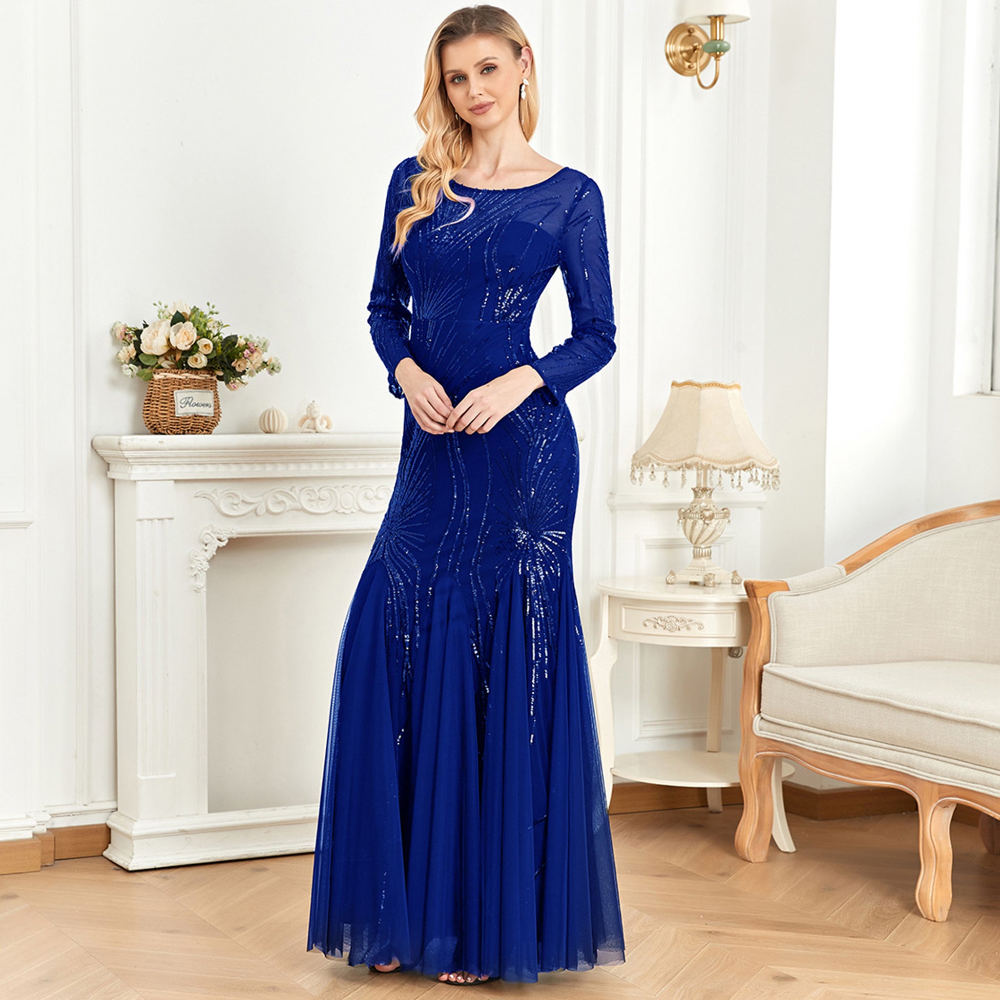 Sequins Long Sleeves Round Neck Slim Fit Mermaid Formal Evening Dress Royal Blue / 14 Sequins Long Sleeves Round Neck Slim Fit Mermaid Formal Evening Dress Royal Blue / 14