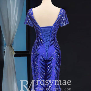 Royal Blue Sparkly Prom Dress Evening Gown with Detachable Train - Rosymae