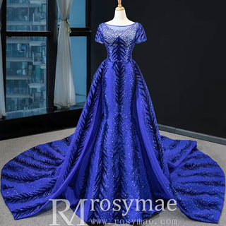 Royal Blue Sparkly Prom Dress Evening Gown with Detachable Train - Rosymae