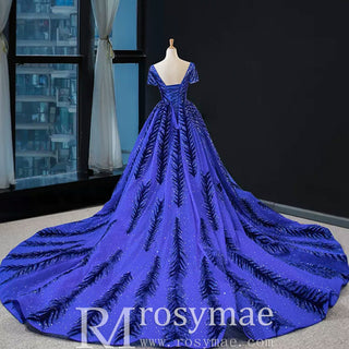 Royal Blue Sparkly Prom Dress Evening Gown with Detachable Train - Rosymae