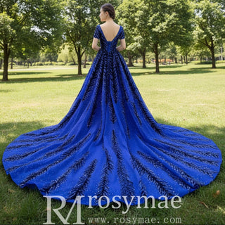 Royal Blue Sparkly Prom Dress Evening Gown with Detachable Train - Rosymae