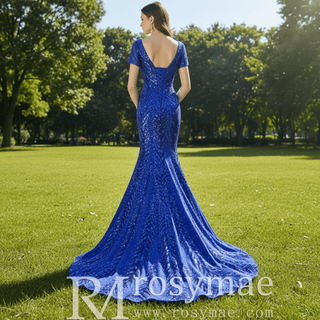 Royal Blue Sparkly Prom Dress Evening Gown with Detachable Train - Rosymae