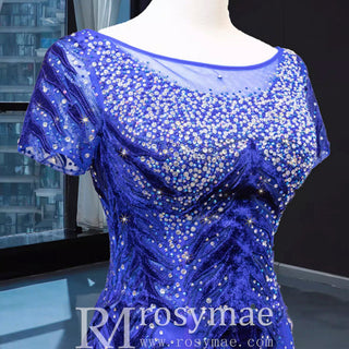 Royal Blue Sparkly Prom Dress Evening Gown with Detachable Train - Rosymae